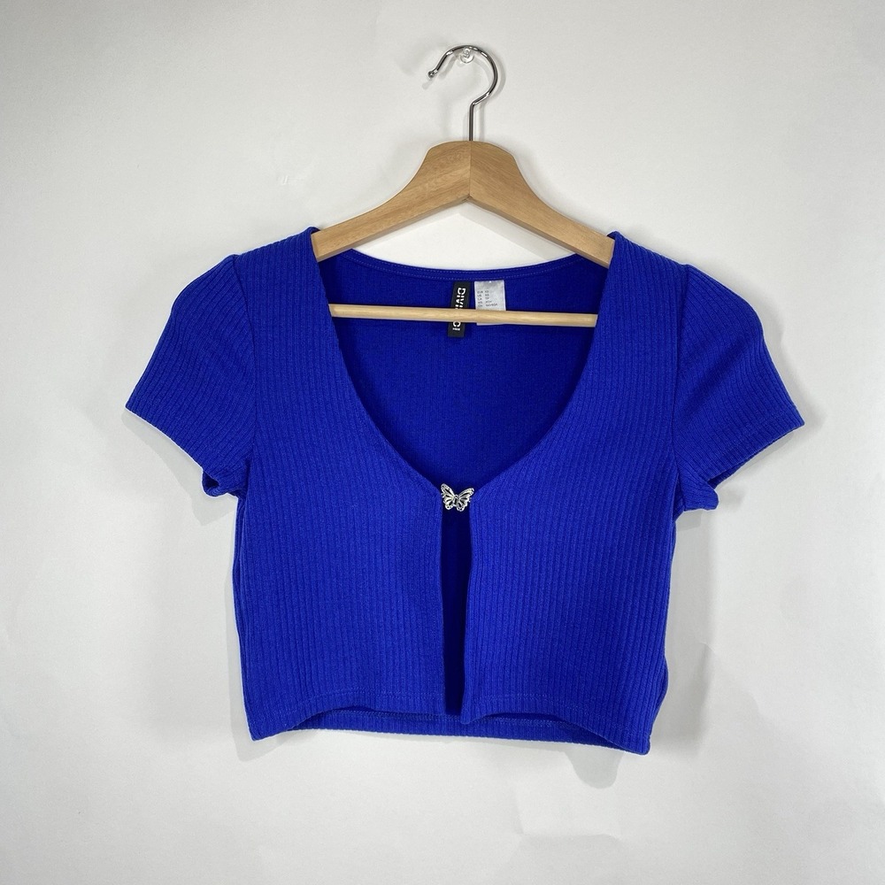 H&M Womens Butterfly Detail Ribbed Short Sleeve Cardigan Crop Top Size XS Blue
